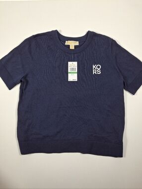 Michael Kors Midnightblue Short-Sleeve Knit Sweater Top - Women Size L NWT